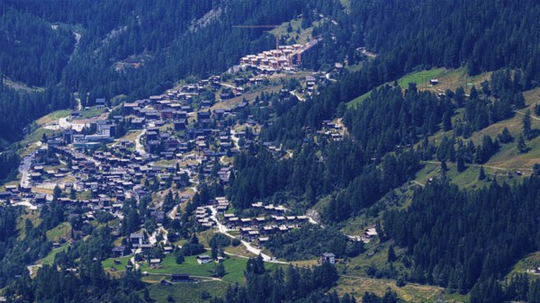 The mountain village of Grimentz, view from Saint Luc, Val d'Anniviers, Valais Alps, Canton Valais, Switzerland