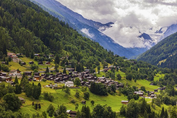 The mountain village of Mission, view from Grimentz, Val d'Anniviers, Valais Alps, Canton Valais, Switzerland