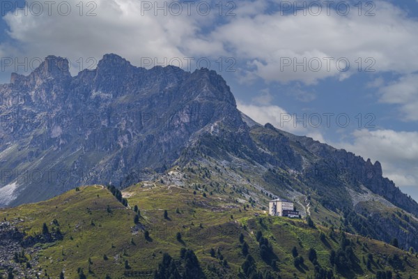 The historic Hotel Weisshorn, below the Weisshorn mountain, Val d'Anniviers, Valais Alps, Canton Valais, Switzerland