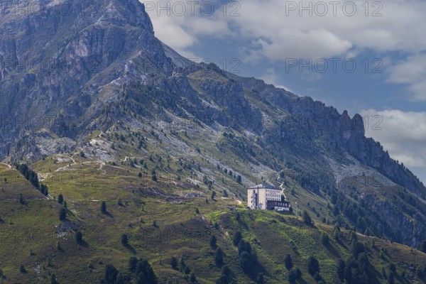 The historic Hotel Weisshorn, below the Weisshorn mountain, Val d'Anniviers, Valais Alps, Canton Valais, Switzerland