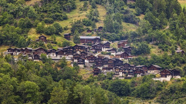 The mountain village of Pinsec, view from Vissoie, Val d'Anniviers, Valais Alps, Canton Valais, Switzerland