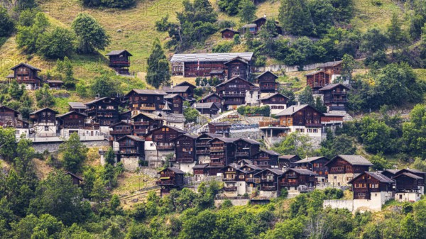 The mountain village of Pinsec, view from Saint Luc, Val d'Anniviers, Valais Alps, Canton Valais, Switzerland