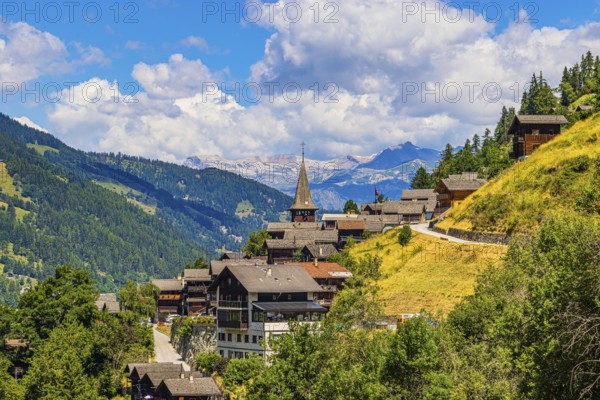 The mountain village of Ayer, Saint Anna church, Val d'Anniviers, Valais Alps, Canton Valais, Switzerland