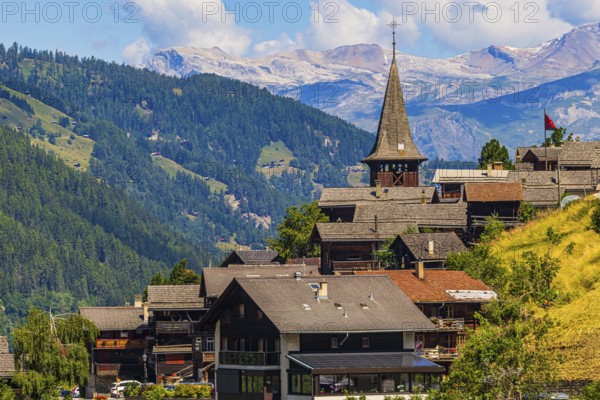 The mountain village of Ayer, Saint Anna church, Val d'Anniviers, Valais Alps, Canton Valais, Switzerland