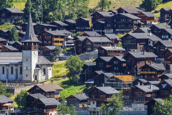 The mountain village of Ayer, Saint Anna church, Val d'Anniviers, Valais Alps, Canton Valais, Switzerland