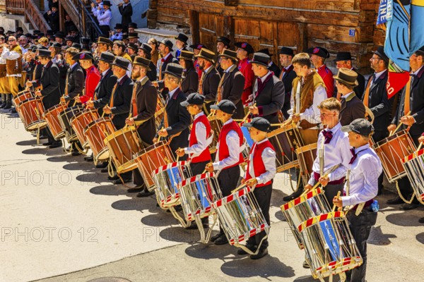 Drummers' and pipers' meeting, Mission, Val d'Anniviers, Valais Alps, Canton Valais, Switzerland