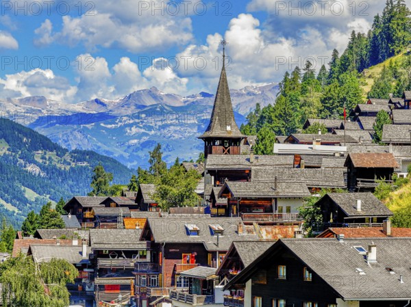 The mountain village of Ayer with the church of Saint Anna, drone image, Val d'Anniviers, Valais Alps, Canton Valais, Switzerland