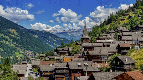 The mountain village of Ayer with the church of Saint Anna, drone image, Val d'Anniviers, Valais Alps, Canton Valais, Switzerland