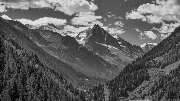 Mount Besso with its twin peaks, black and white image, drone image, Val d'Anniviers, Valais Alps, Canton Valais, Switzerland