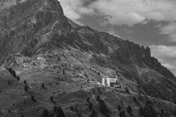 The historic Hotel Weisshorn, black and white photograph, below the Weisshorn mountain, Val d'Anniviers, Valais Alps, Canton Valais, Switzerland