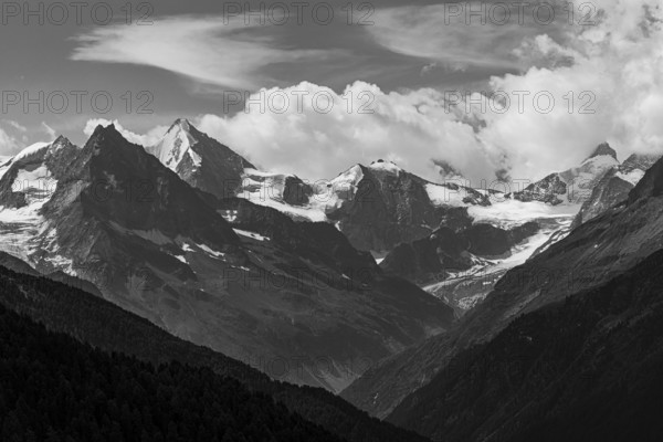 The Besso mountains with twin peaks and the Obergabelhorn, black and white photograph, view from Ayer, Val d'Anniviers, Valais Alps, Canton Valais, SwitzerlandVal d'Anniviers, Valais Alps, Canton Valais, Switzerland
