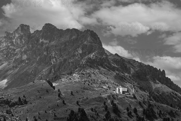 The historic Hotel Weisshorn, black and white photograph, below the Weisshorn mountain, Val d'Anniviers, Valais Alps, Canton Valais, Switzerland