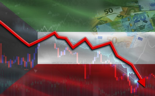 Kuwait financial fall on economy market. Kuwait financial crisis on economic graph