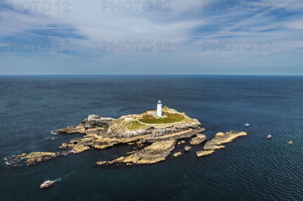 Godrevy Lighthouse from a drone, Godrevy Island, St Ives Bay, Cornwall, England, United Kingdom