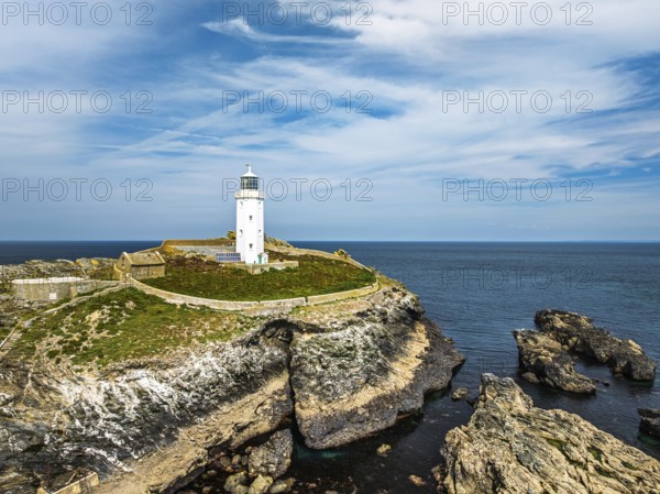 Godrevy Lighthouse from a drone, Godrevy Island, St Ives Bay, Cornwall, England, United Kingdom