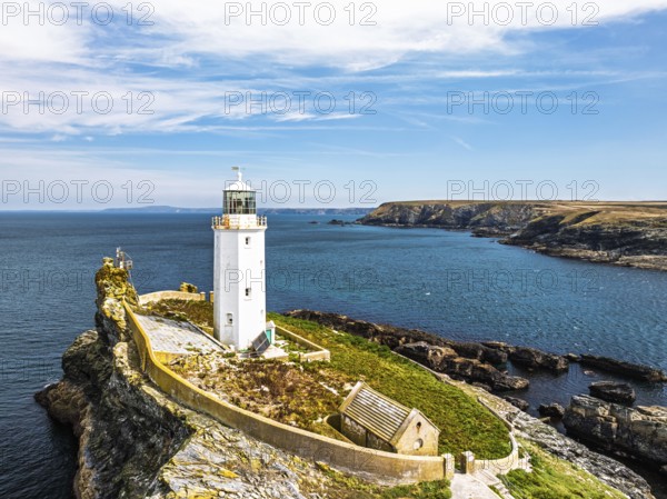 Godrevy Lighthouse from a drone, Godrevy Island, St Ives Bay, Cornwall, England, United Kingdom
