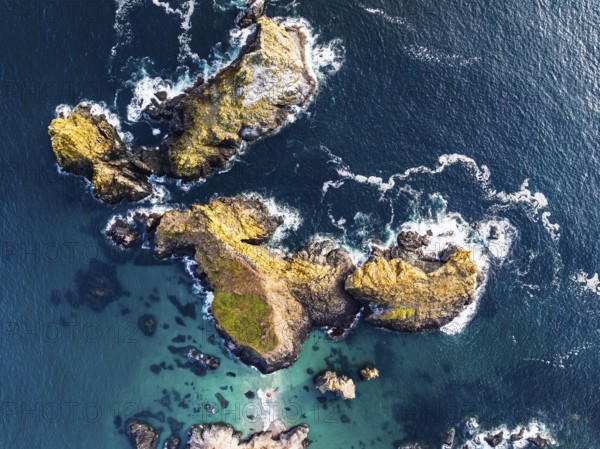 Top Down view over Kynance Cove from a drone, Mount's Bay, Lizard Point, Cornwall, England, United Kingdom