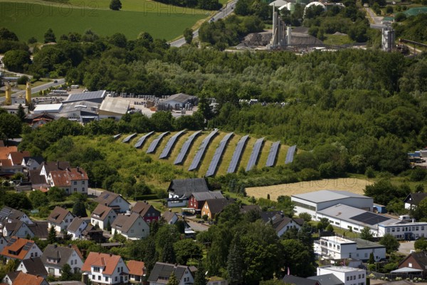 Elevated view of a small solar park from Eckberg, Bodenwerder, Weserbergland, Lower Saxony, Germany