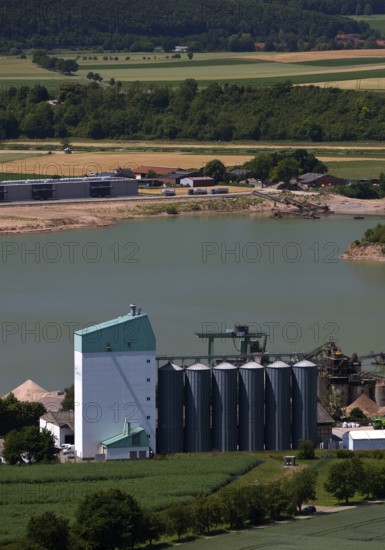 Elevated view of the Ernst Müller GmbH & Co KG gravel works from Eckberg, Bodenwerder, Weserbergland, Lower Saxony, Germany