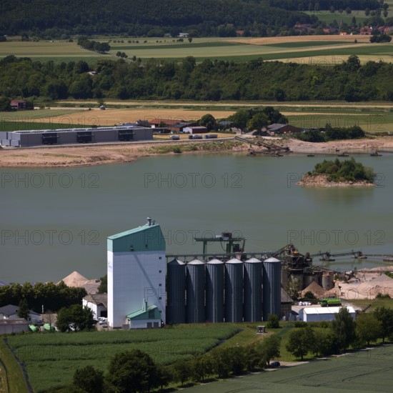 Elevated view of the Ernst Müller GmbH & Co KG gravel works from Eckberg, Bodenwerder, Weserbergland, Lower Saxony, Germany