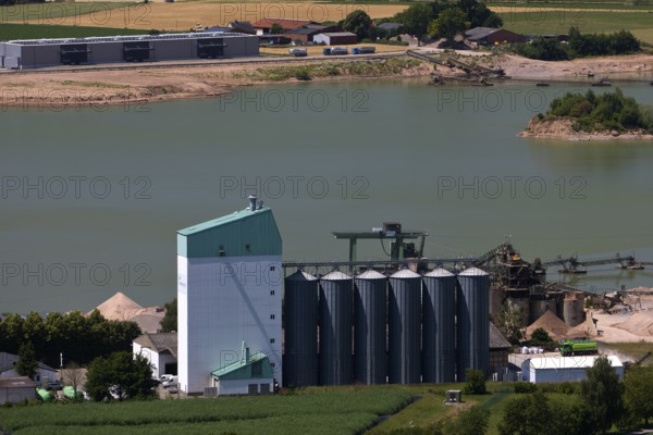 Elevated view of the Ernst Müller GmbH & Co KG gravel works from Eckberg, Bodenwerder, Weserbergland, Lower Saxony, Germany