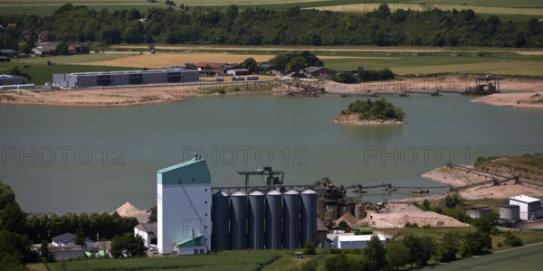 Elevated view of the Ernst Müller GmbH & Co KG gravel works from Eckberg, Bodenwerder, Weserbergland, Lower Saxony, Germany