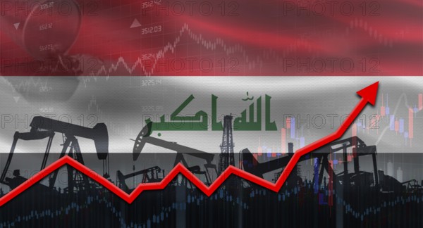 Oil pumps with Iraq flag. Oil production with Iraq flag, petrol industry