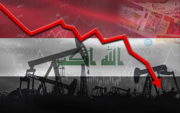 Petrol crisis with Iraq flag on financial graph. Fall oil price with flag of Iraq on economic chart
