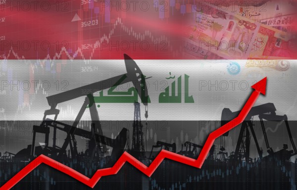 Oil production with Iraq flag, petrol industry. Oil pumps with Iraq flag