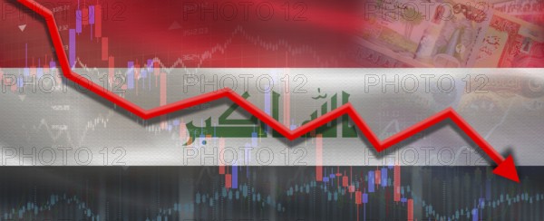 Iraq financial crisis on economic graph. Financial fall of Iraq on economy market