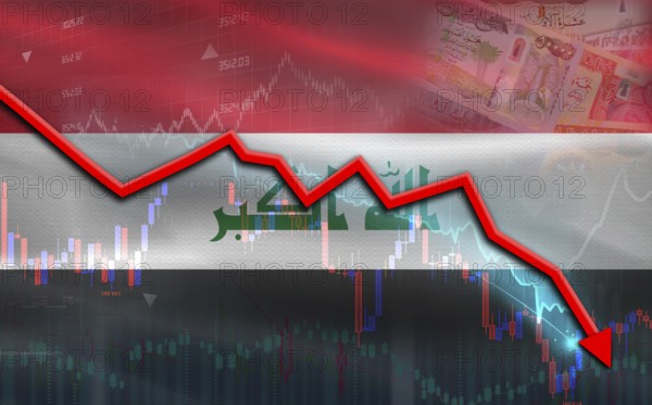 Iraq financial fall on economy market. Iraq financial crisis on economic graph