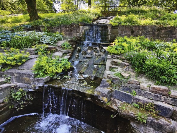 Small waterfall in the park, Nördlicher Park, Bad Nauheim, Hesse, Germany