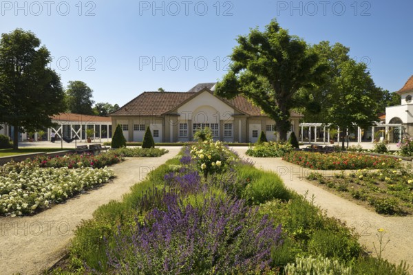 Rose garden in the spa gardens with the back of the concert shell, Bad Nauheim, Hesse, Germany