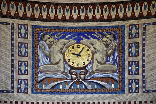 Waiting room in bathhouse 3 with mosaics from the Royal Bavarian Court Mosaic and Art Institute, Art Nouveau, Art Nouveau Forum, Sprudelhof, Bad Nauheim, Hesse, Germany