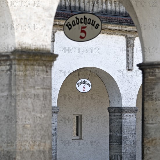 Arcade at bathhouse 5 and 6, Sprudelhof, an important spa complex built between 1905 and 1911 in Art Nouveau style, Bad Nauheim, Hesse, Germany