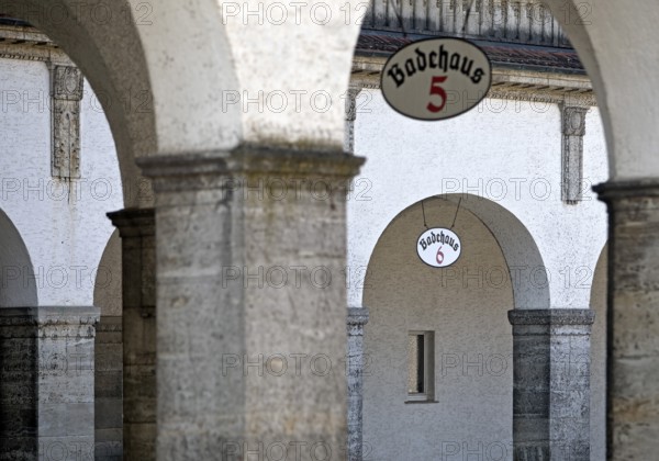 Arcade at bathhouse 5 and 6, Sprudelhof, an important spa complex built between 1905 and 1911 in Art Nouveau style, Bad Nauheim, Hesse, Germany