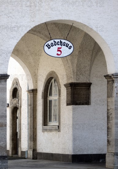 Arcade at bathhouse 5 in the Sprudelhof, an important spa complex built between 1905 and 1911 in Art Nouveau style, Bad Nauheim, Hesse, Germany