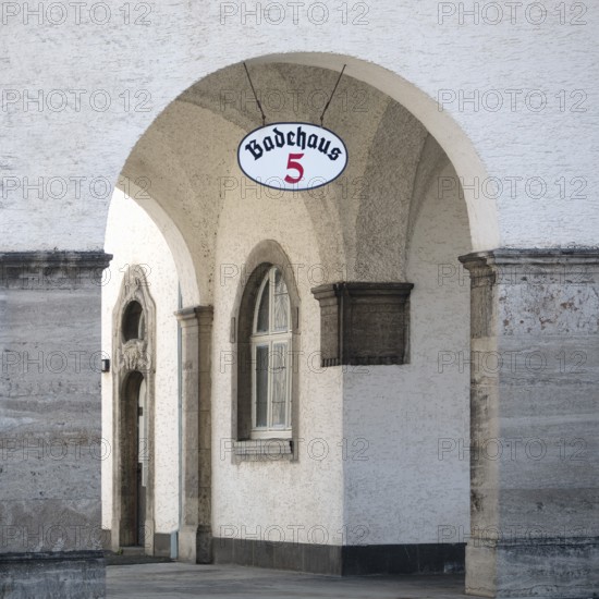 Arcade at bathhouse 5 in the Sprudelhof, an important spa complex built between 1905 and 1911 in Art Nouveau style, Bad Nauheim, Hesse, Germany
