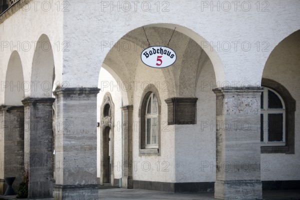 Arcade at bathhouse 5 in the Sprudelhof, an important spa complex built between 1905 and 1911 in Art Nouveau style, Bad Nauheim, Hesse, Germany