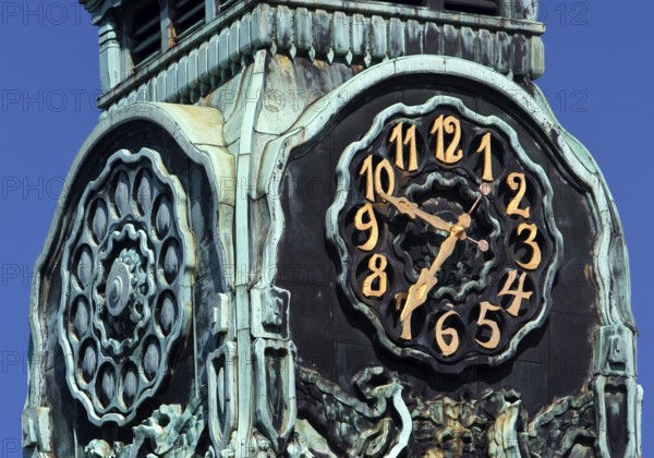 Detail of the clock tower, Sprudelhof, an important spa complex built between 1905 and 1911 in Art Nouveau style, Bad Nauheim, Hesse, Germany