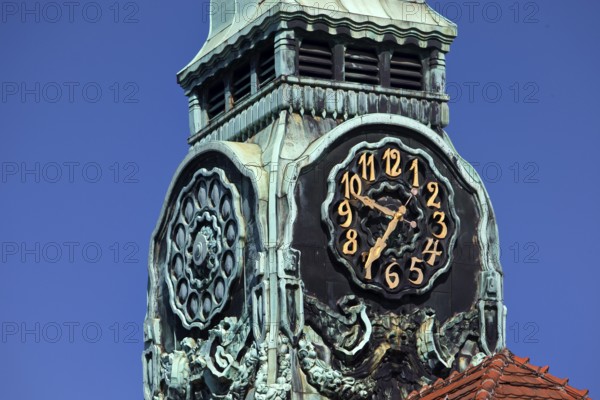 Detail of the clock tower, Sprudelhof, an important spa complex built between 1905 and 1911 in Art Nouveau style, Bad Nauheim, Hesse, Germany