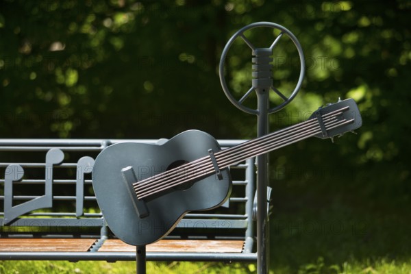 Elvis bench with guitar and microphone, Elvis Presley lived in Bad Nauheim, Hesse, Germany during his military service from 1958 to 1960