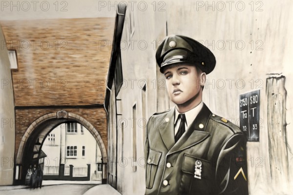 Graffiti by Gnasher in the archway, the castle gate was the backdrop for the cover of the Elvis Presley single A Big Hunk o' Love, Bad Nauheim, Hesse, Germany