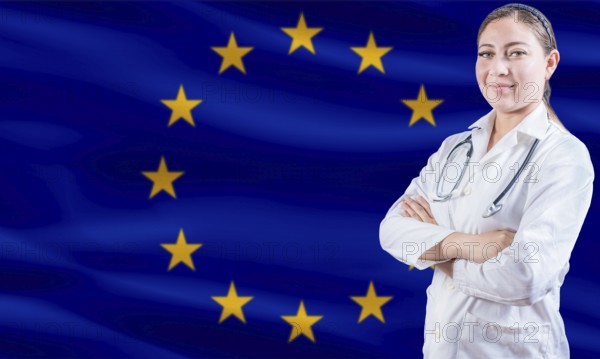Female doctor on European Union flag. Doctor with crossed arms on European Union flag. EU health and care concept