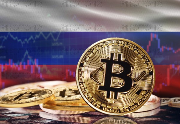 Bitcoin with Russia flag in the background. Investors in cryptocurrency and Blockchain Technology in Russia, Concept