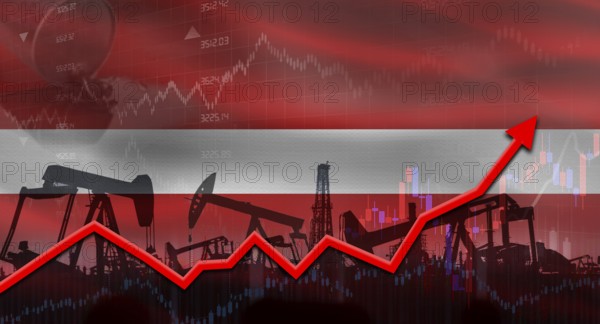 Oil pumps with Latvia flag. Oil production with Latvia flag, petrol industry