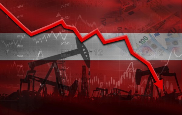 Petrol crisis with Latvia flag on financial graph. Fall oil price with flag of Latvia on economic chart