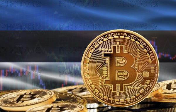 Investors in cryptocurrency and Blockchain Technology in Estonia, Concept. Bitcoin with Estonia flag in the background