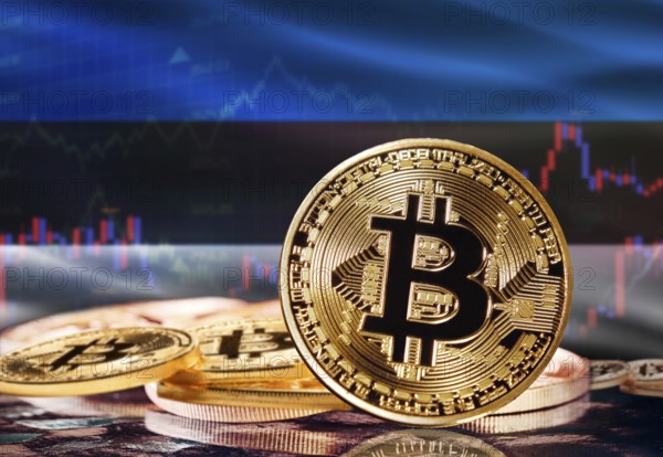 Bitcoin with Estonia flag in the background. Investors in cryptocurrency and Blockchain Technology in Estonia, Concept