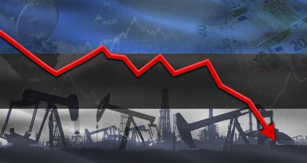 Fall oil price with flag of Estonia on economic chart, Petrol crisis with Estonia flag on financial graph